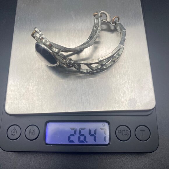 Vintage Black Onyx Cabochon Silver Plated Bracelet Signed Armuna Mexico Artisan - Picture 8 of 10